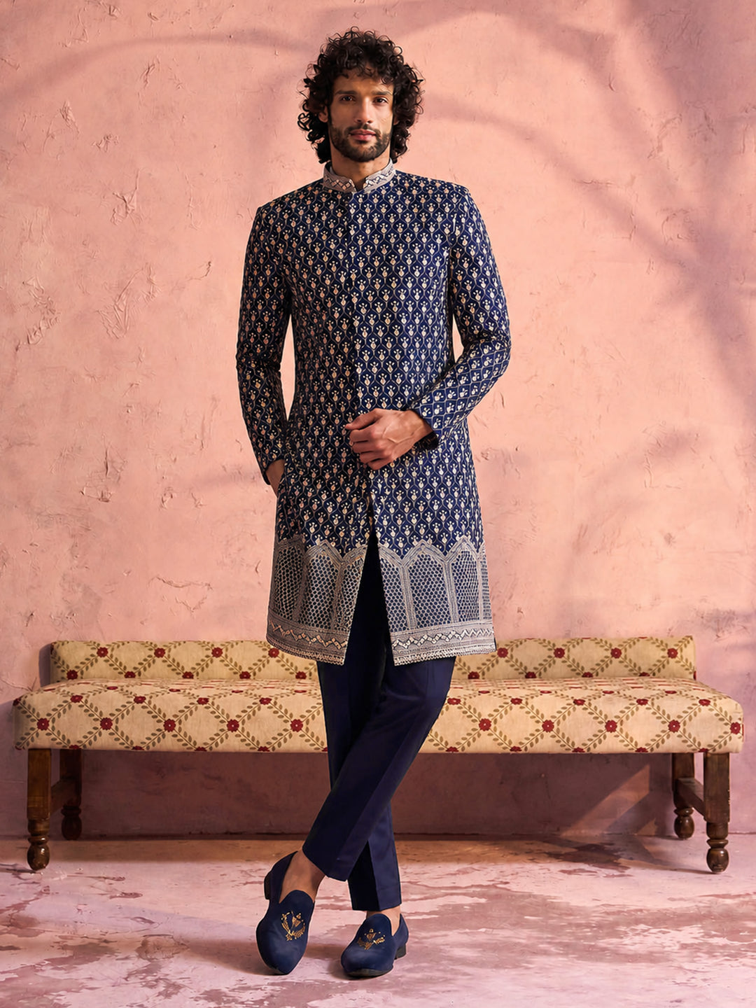Men Navy Blue Mirror Work &amp; Resham Embroidery Georgette Sherwani-Style Indo-Western with Solid Cotton Pant Set