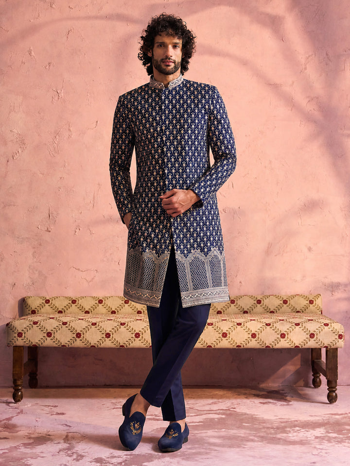 Men Navy Blue Mirror Work &amp; Resham Embroidery Georgette Sherwani-Style Indo-Western with Solid Cotton Pant Set