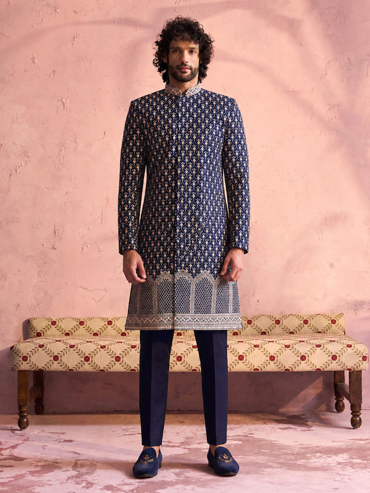 Men Navy Blue Mirror Work &amp; Resham Embroidery Georgette Sherwani-Style Indo-Western with Solid Cotton Pant Set
