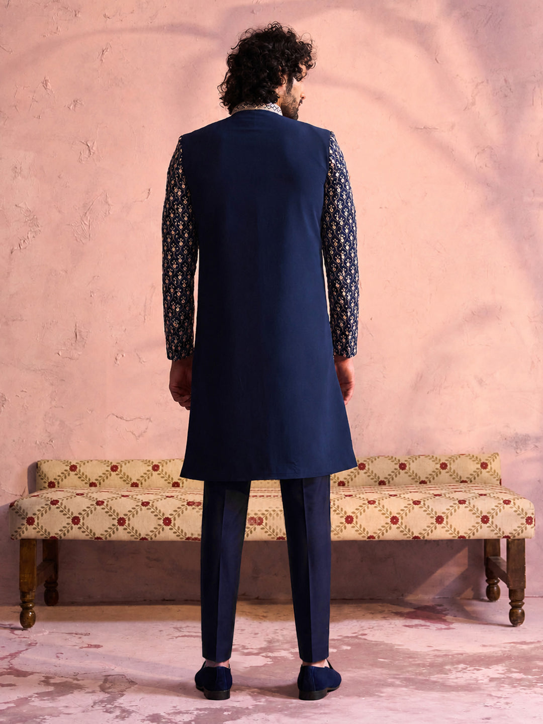 Men Navy Blue Mirror Work &amp; Resham Embroidery Georgette Sherwani-Style Indo-Western with Solid Cotton Pant Set