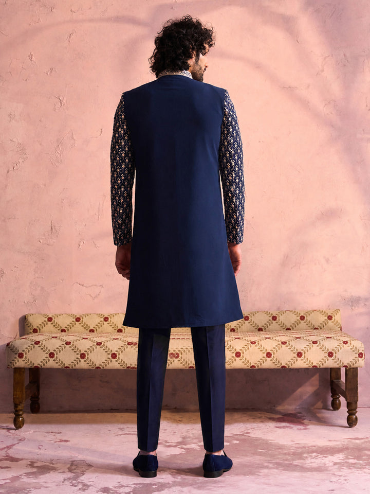 Men Navy Blue Mirror Work &amp; Resham Embroidery Georgette Sherwani-Style Indo-Western with Solid Cotton Pant Set