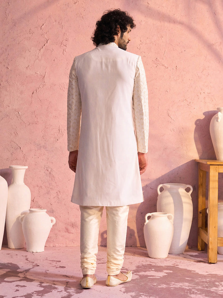 Men Cream Sequin Georgette Sherwani with Silk Blend Churidar Set