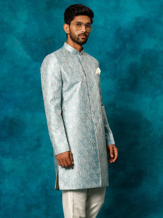 VASTRAMAY Men's Mint Green Pastel Embroidered Sherwani Only Top