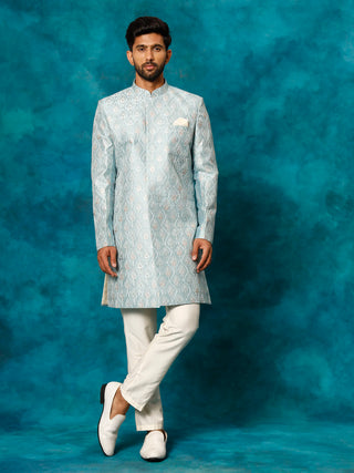 VASTRAMAY Men's Mint Green Pastel Embroidered Sherwani Only Top