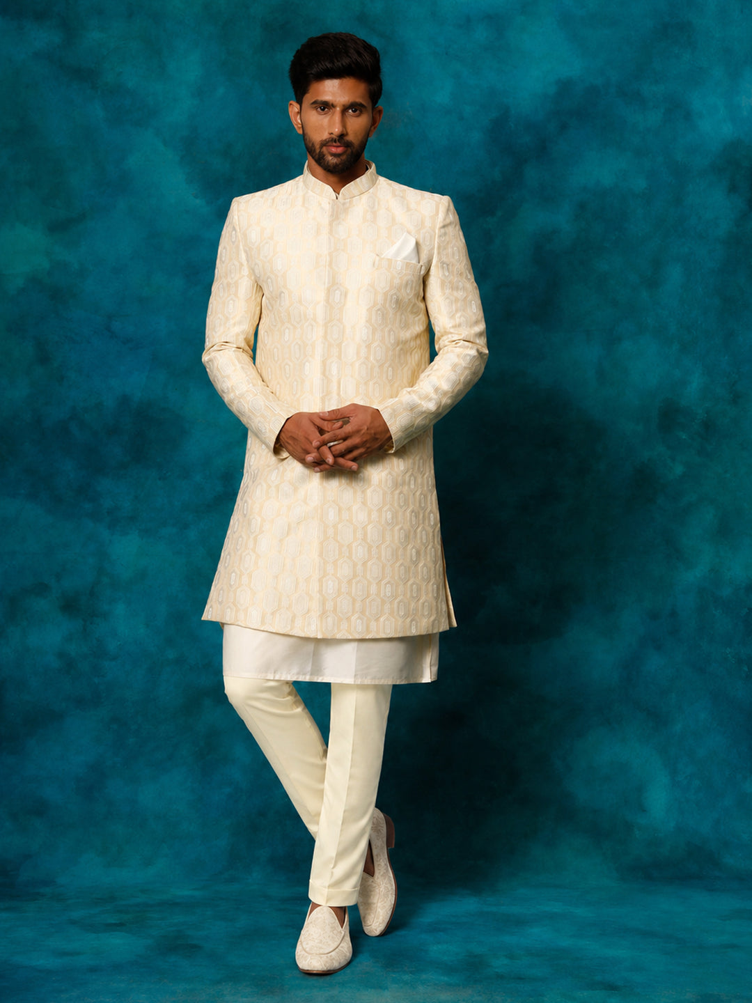 Men Beige Jacquard Silk Blend Indo-Western with Cream Kurta &amp; Pant Set