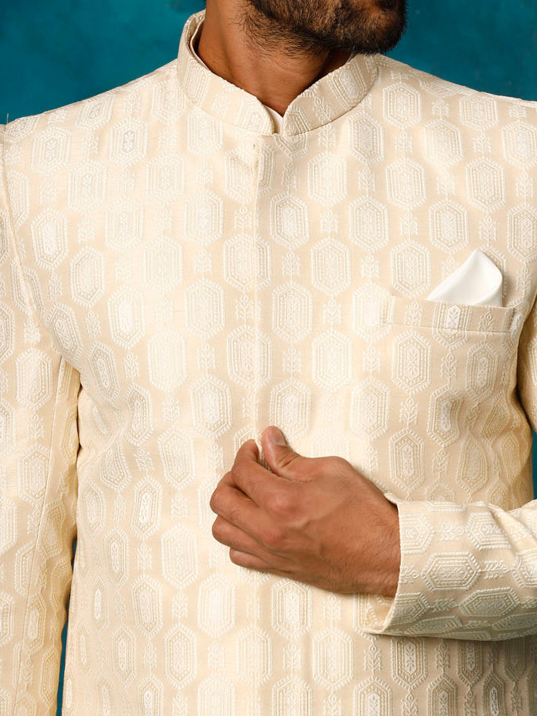 Men Beige Jacquard Silk Blend Indo-Western with Cream Kurta &amp; Pant Set