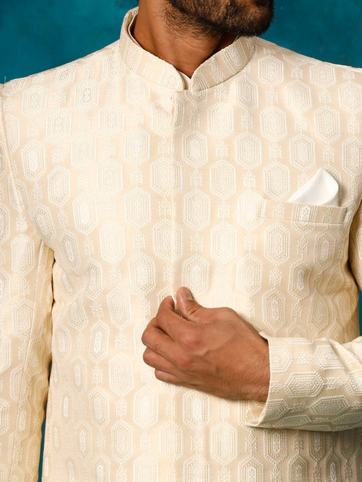 Men Beige Jacquard Silk Blend Indo-Western with Cream Kurta &amp; Pant Set
