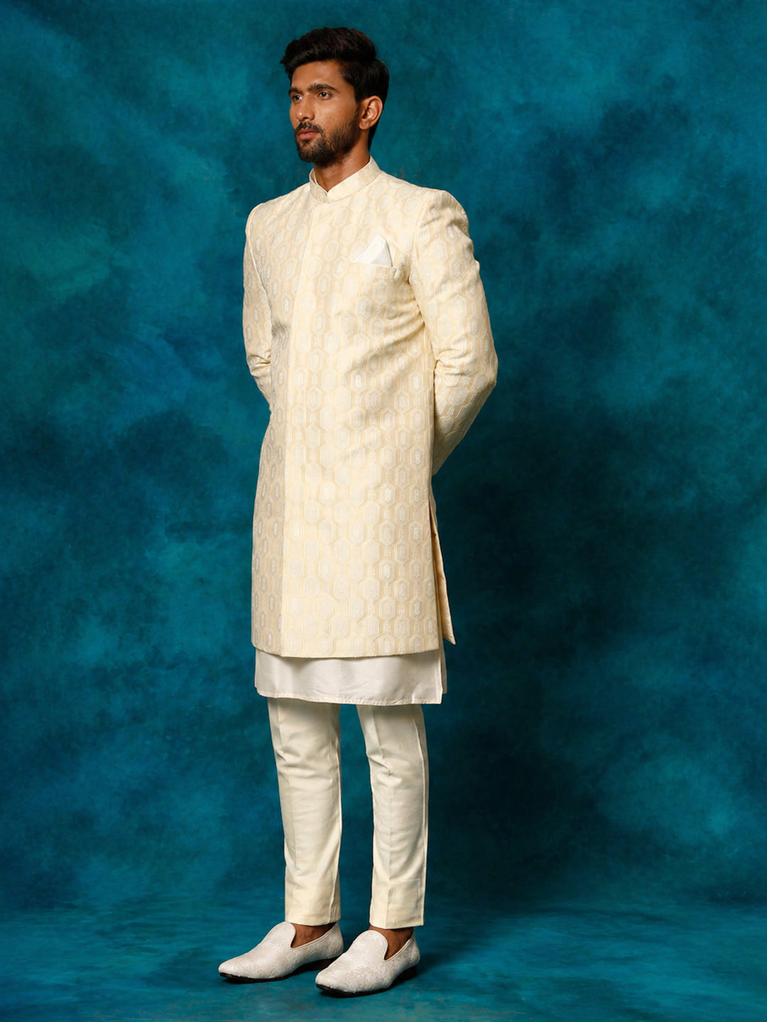 Men Beige Jacquard Silk Blend Indo-Western with Cream Kurta &amp; Pant Set