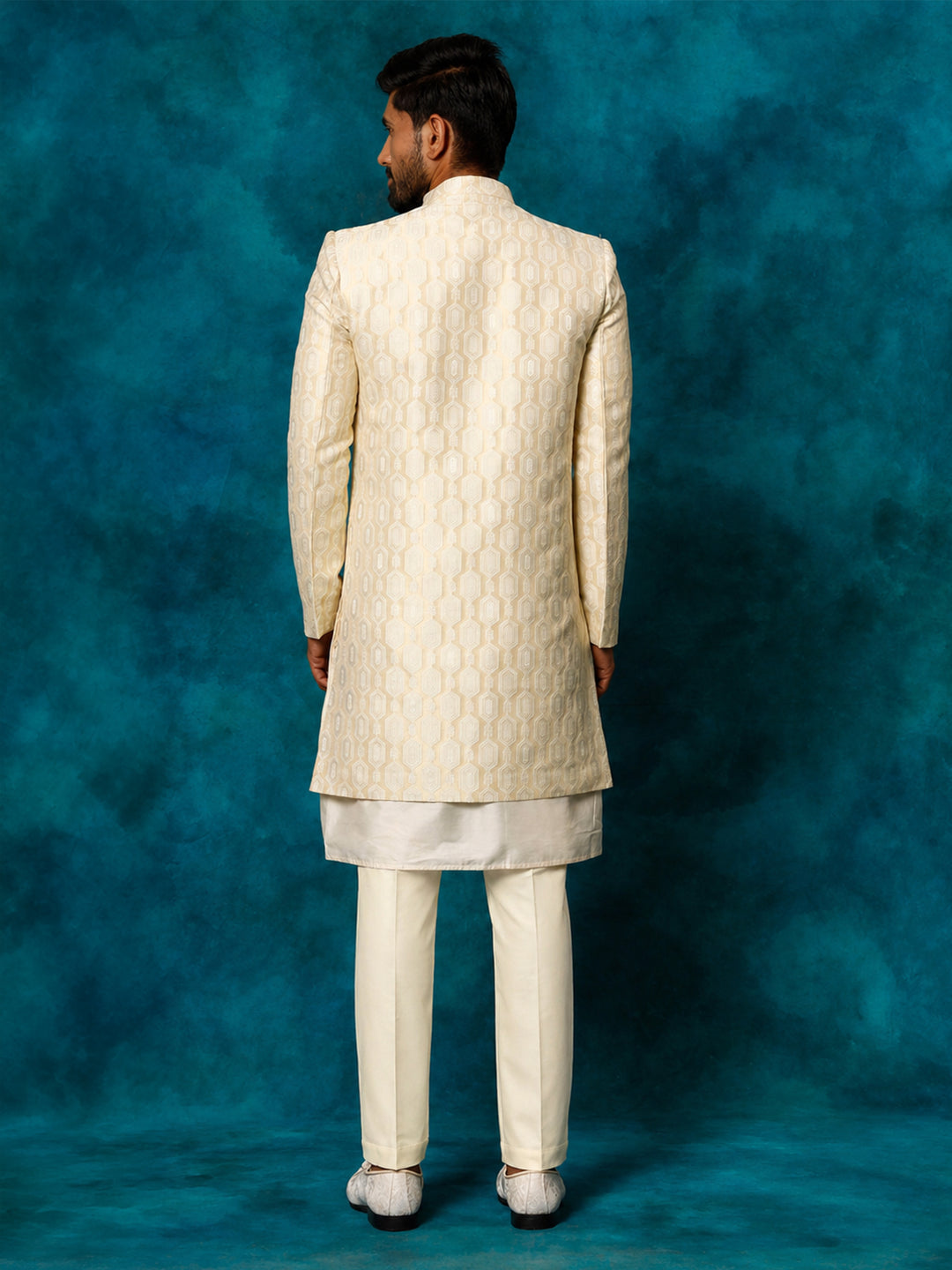 Men Beige Jacquard Silk Blend Indo-Western with Cream Kurta &amp; Pant Set