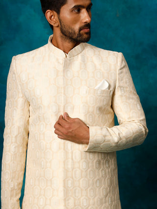 VASTRAMAY Men's Beige Imported Jacquard Indo With Kurta Pyjama Set
