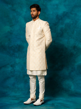 VASTRAMAY Men's Beige Imported Jacquard Indo With Kurta Pyjama Set