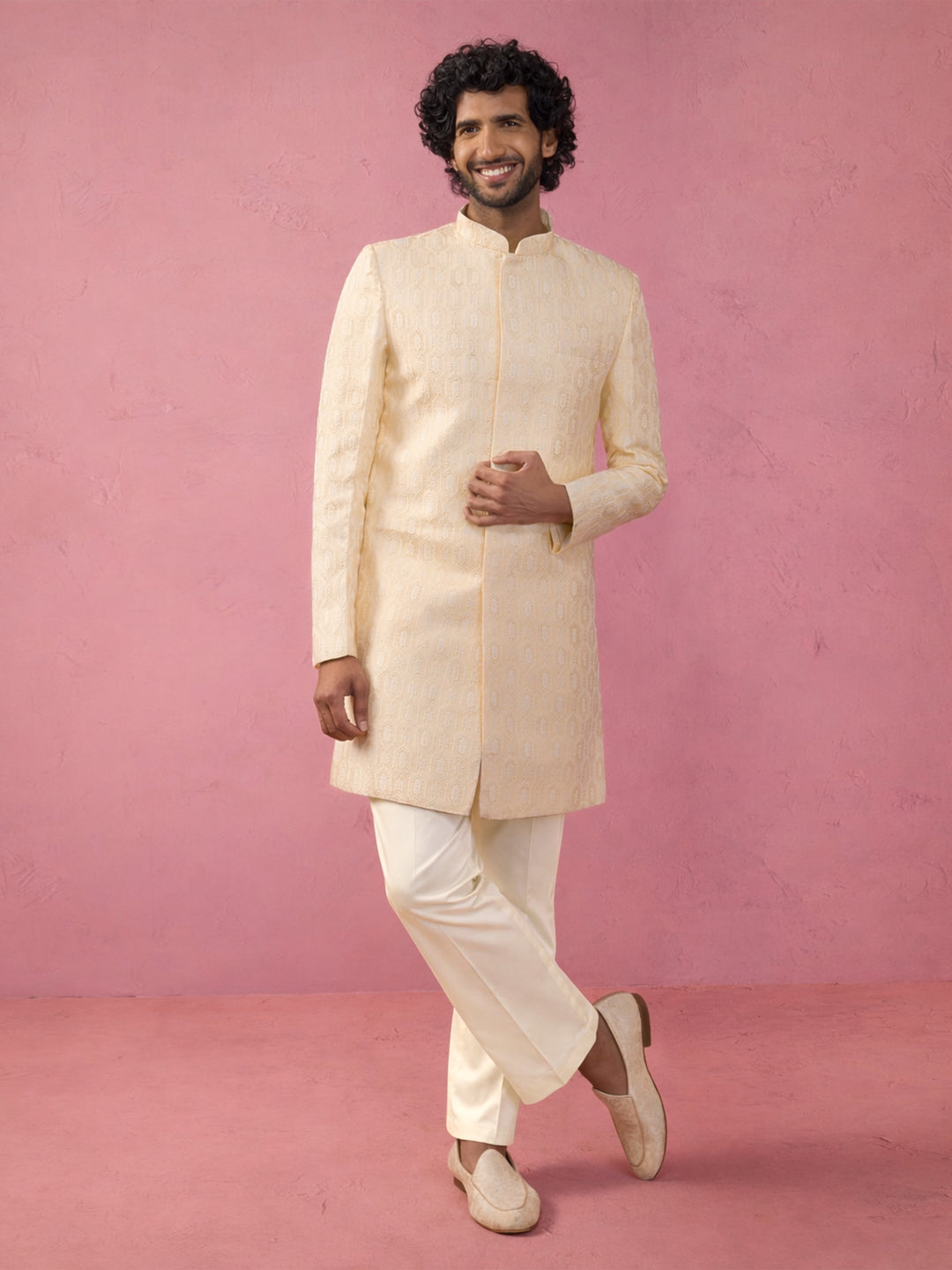 Cream Silk Blend Woven Indo Western Set with Wide Pants