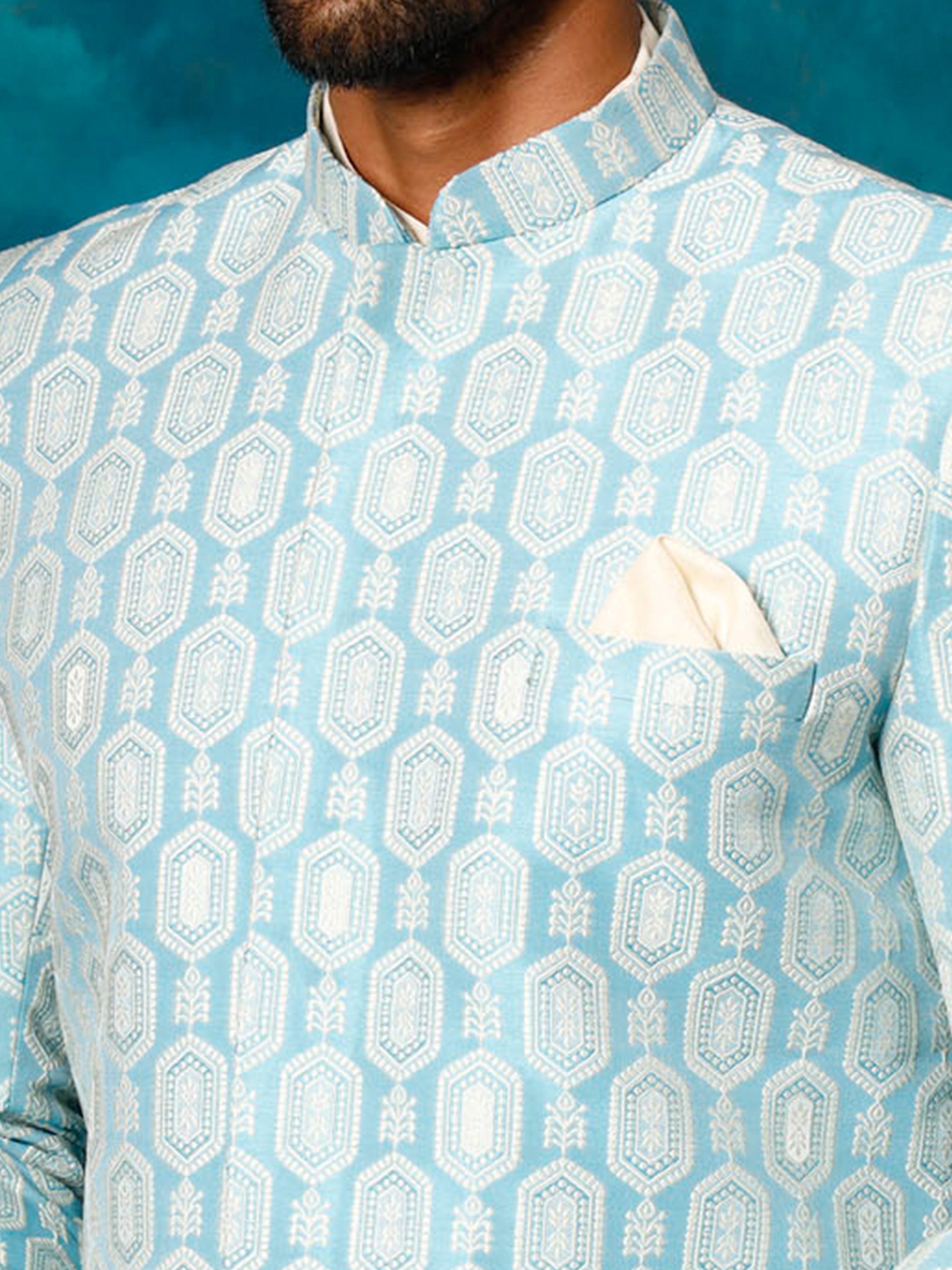 Men Blue Jacquard Silk Blend Indo-Western with Cream Kurta & Pant Set