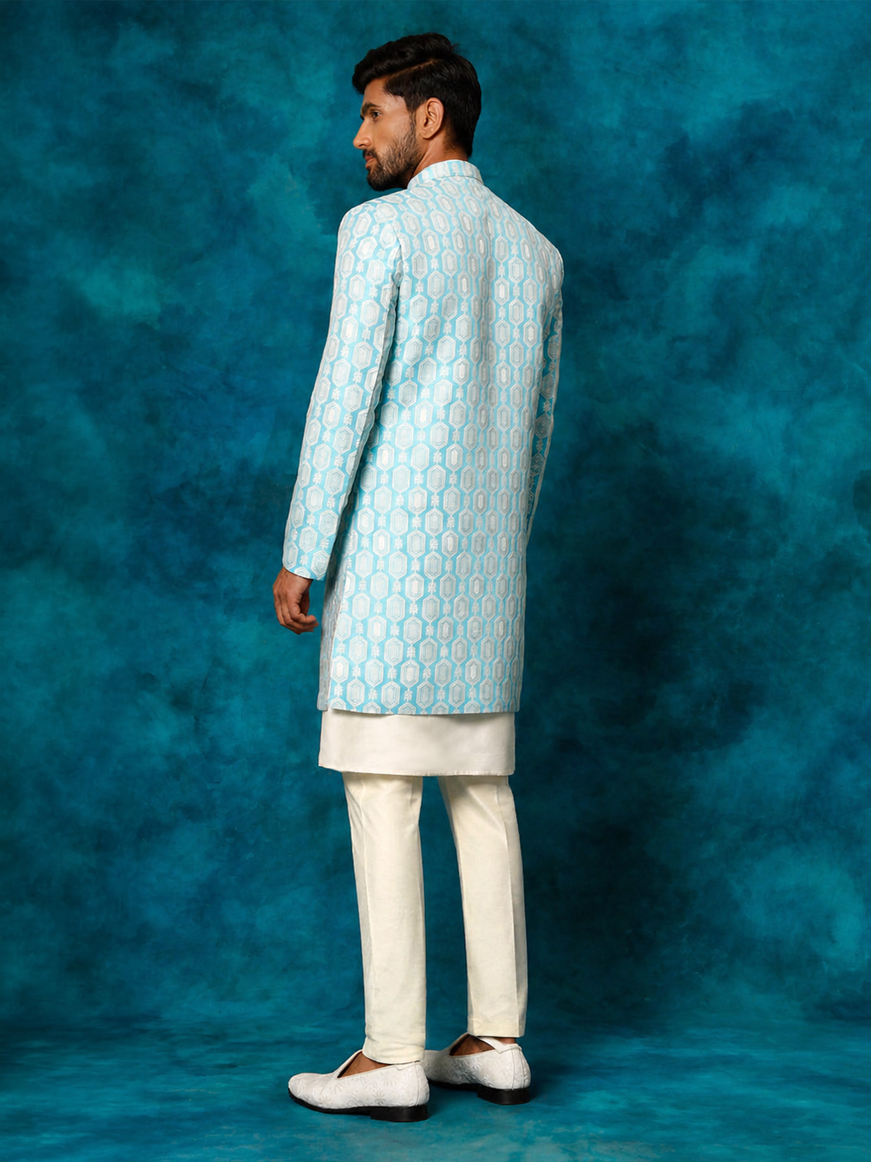 Men Blue Jacquard Silk Blend Indo-Western with Cream Kurta & Pant Set