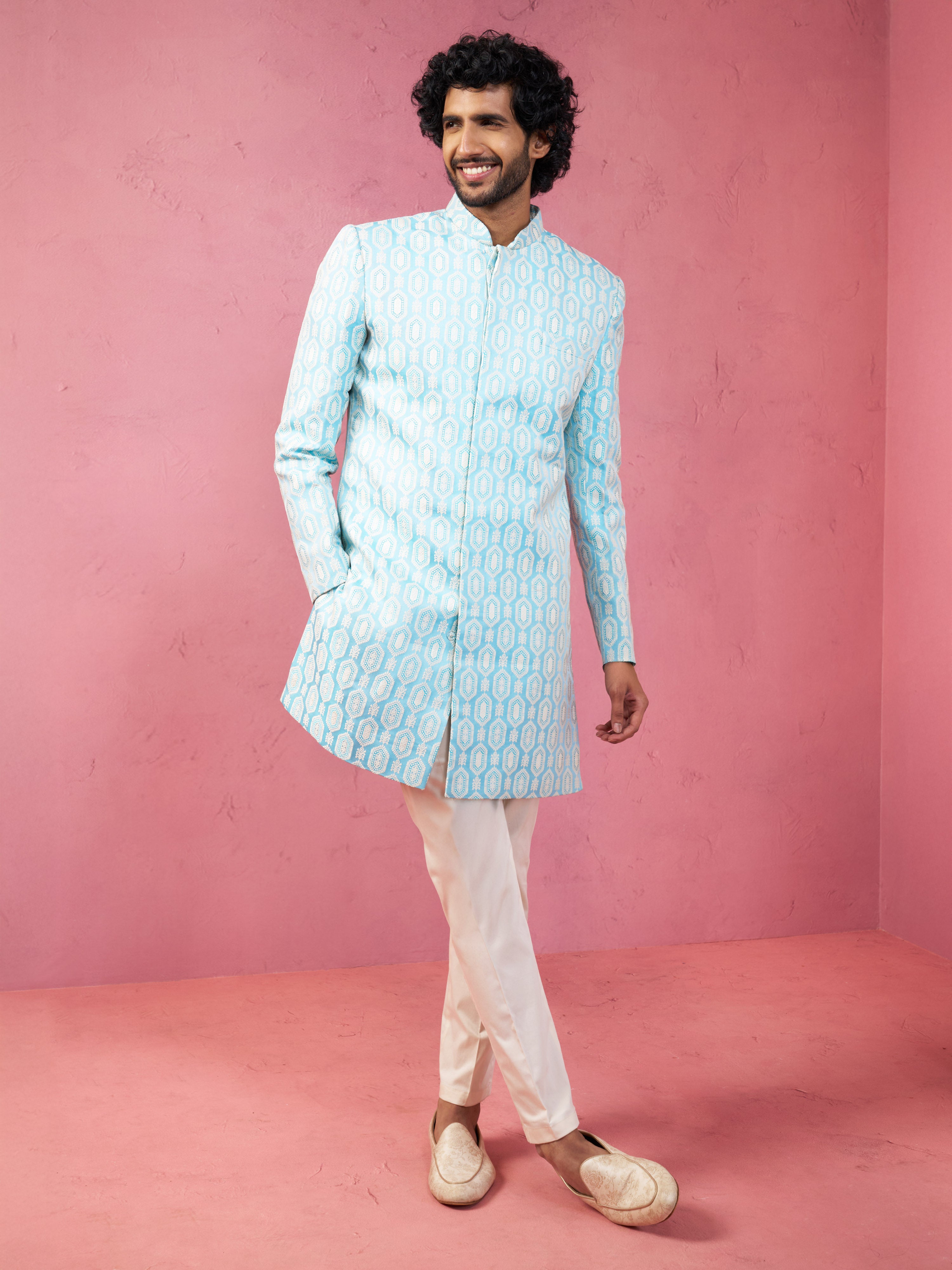 Men's Blue Jacquard Indo-Western Kurta with Cream Trousers