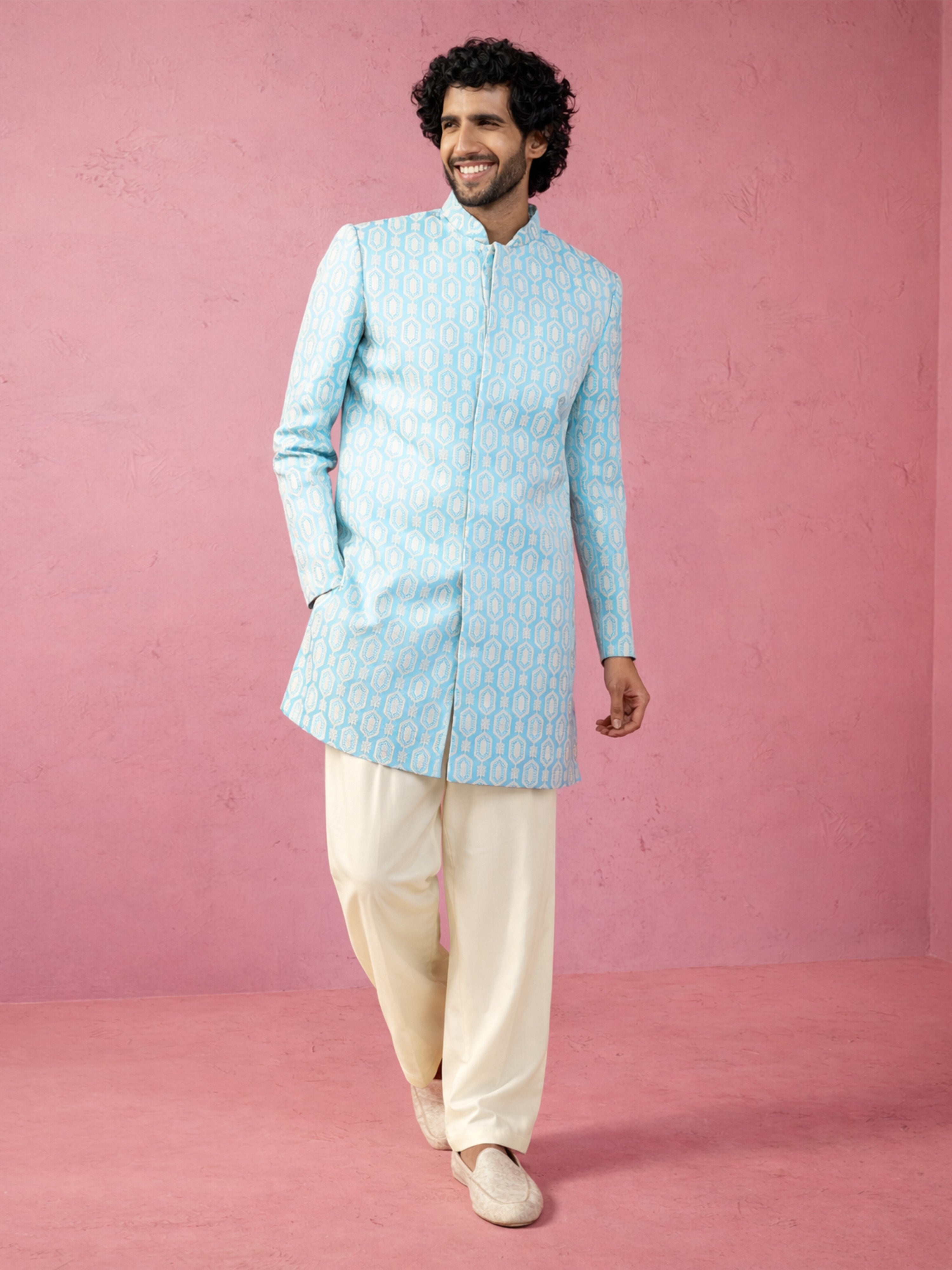 Blue Silk Blend Jacquard Indo-Western Set with Pants