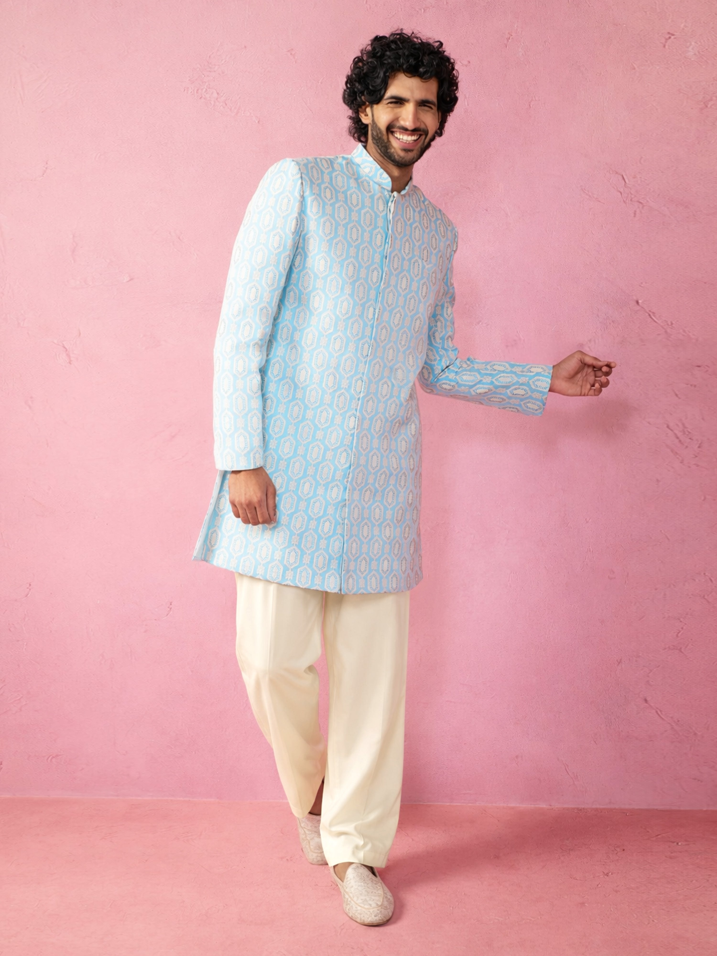 Men's Blue Silk-Blend Ethnic Motiff Knee Length Indo Western Set with Wide Leg Pant