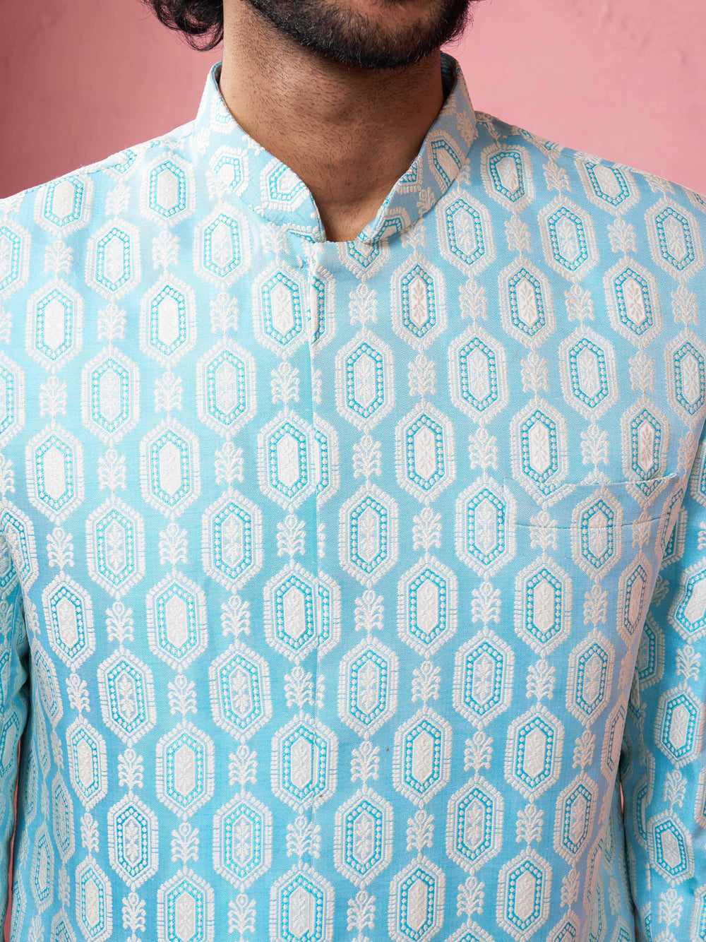 Sky Blue Woven Indo Western Set with Cream Wide Leg Pants