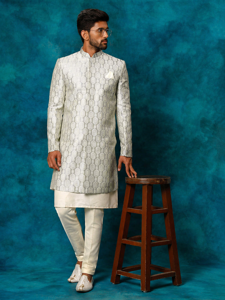 Men Grey Jacquard Silk Blend Indo-Western with Cream Kurta &amp; Pant Set