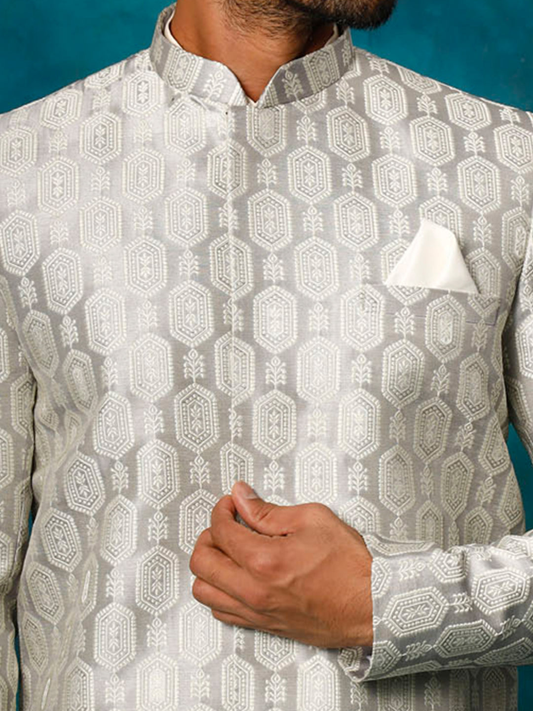 Men Grey Jacquard Silk Blend Indo-Western with Cream Kurta &amp; Pant Set