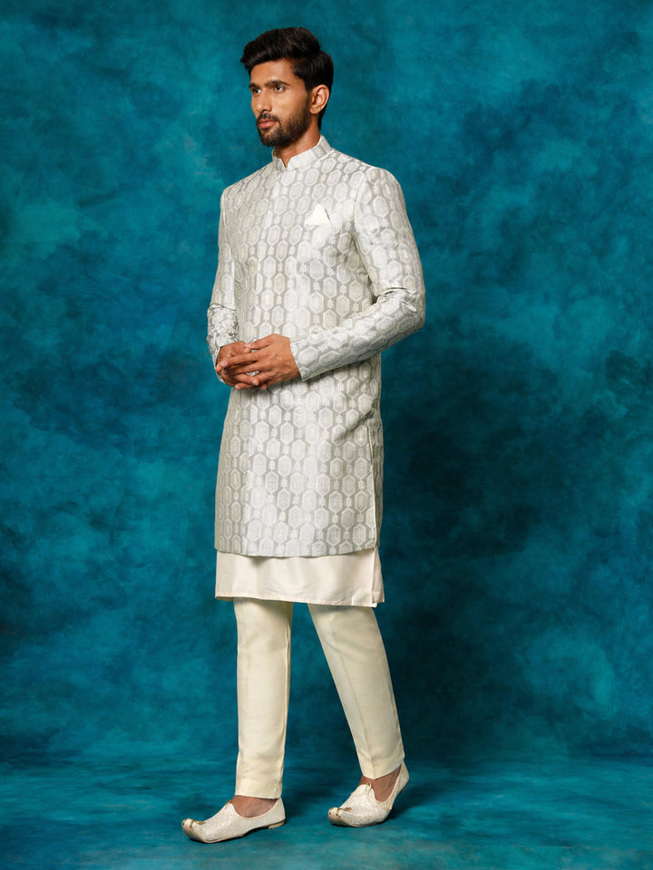 Men Grey Jacquard Silk Blend Indo-Western with Cream Kurta &amp; Pant Set