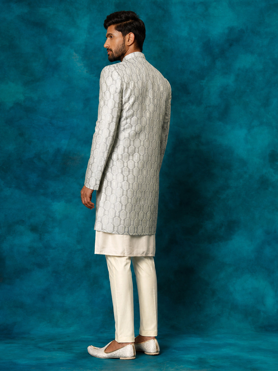 Men Grey Jacquard Silk Blend Indo-Western with Cream Kurta &amp; Pant Set
