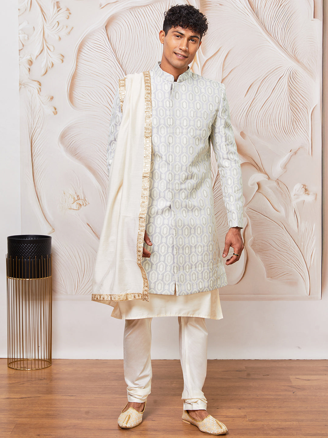Men's Grey Silk Blend Indowestern, Kurta Pyjama And Dupatta Set