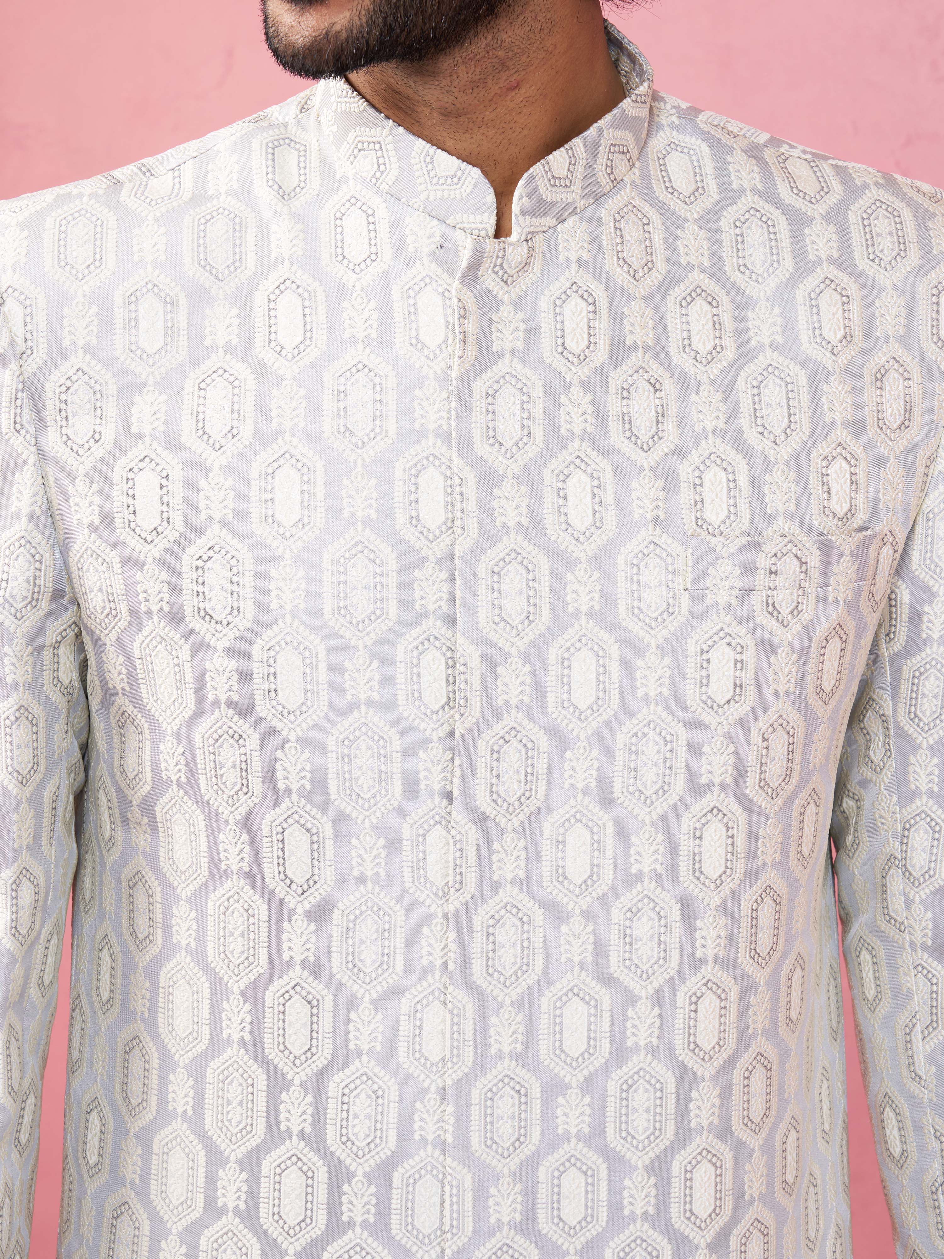 Men's Grey Jacquard Indo-Western Kurta with Cream Trousers