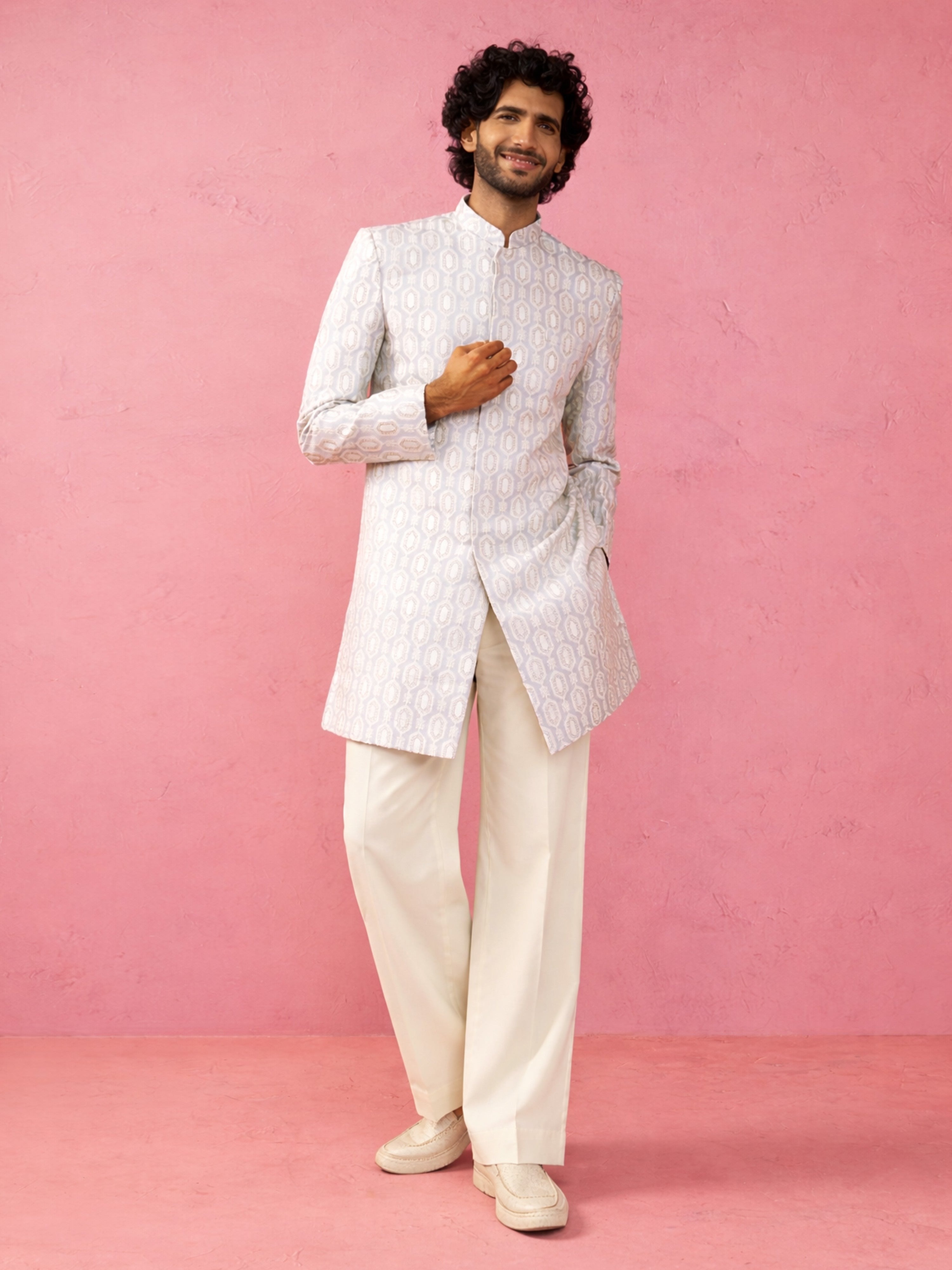 Grey Silk Blend Jacquard Indo Western Set with Pants