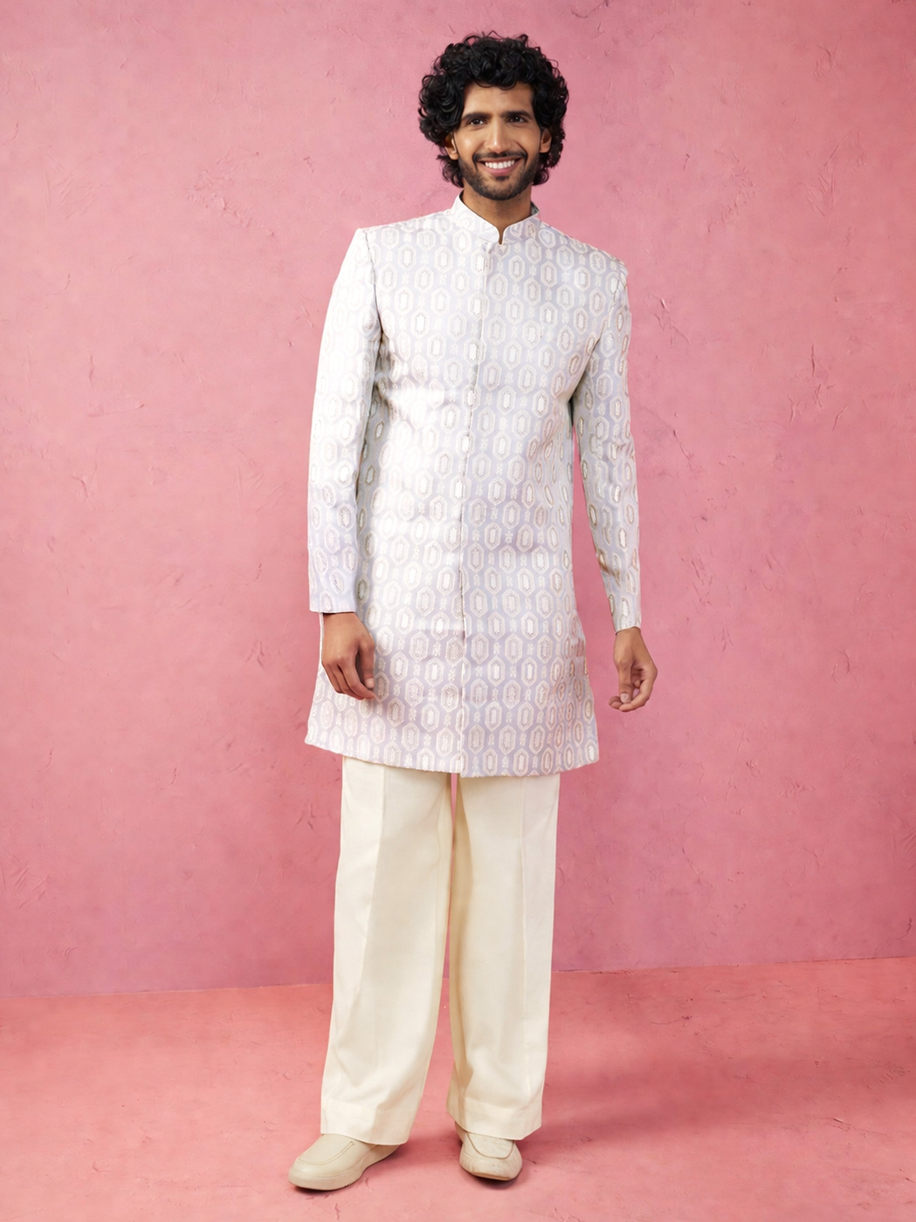 Men's Grey Silk-Blend Ethnic Motiff Thigh Length Indo Western Set with Wide Leg Pant