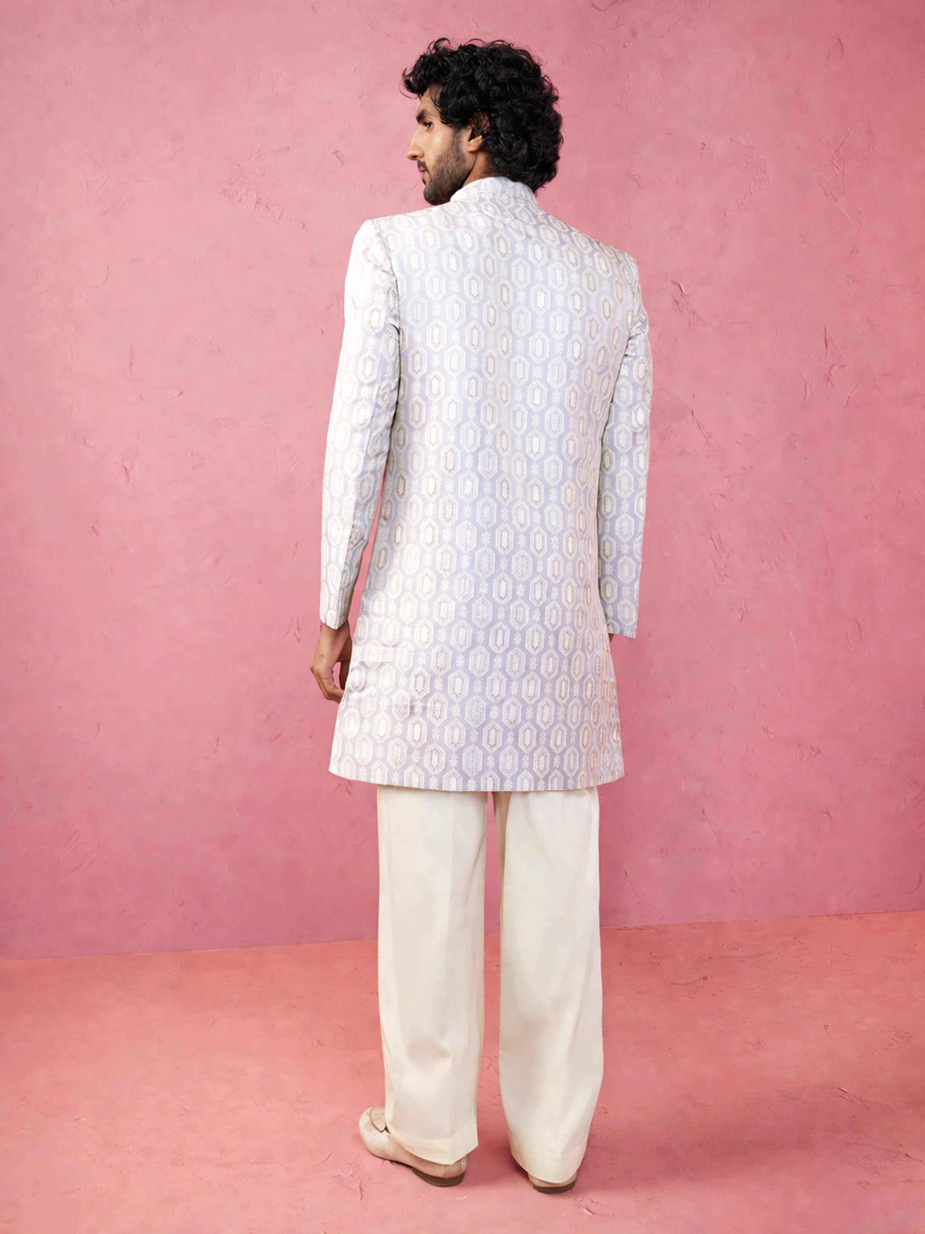 Men's Grey Silk-Blend Ethnic Motiff Thigh Length Indo Western Set with Wide Leg Pant