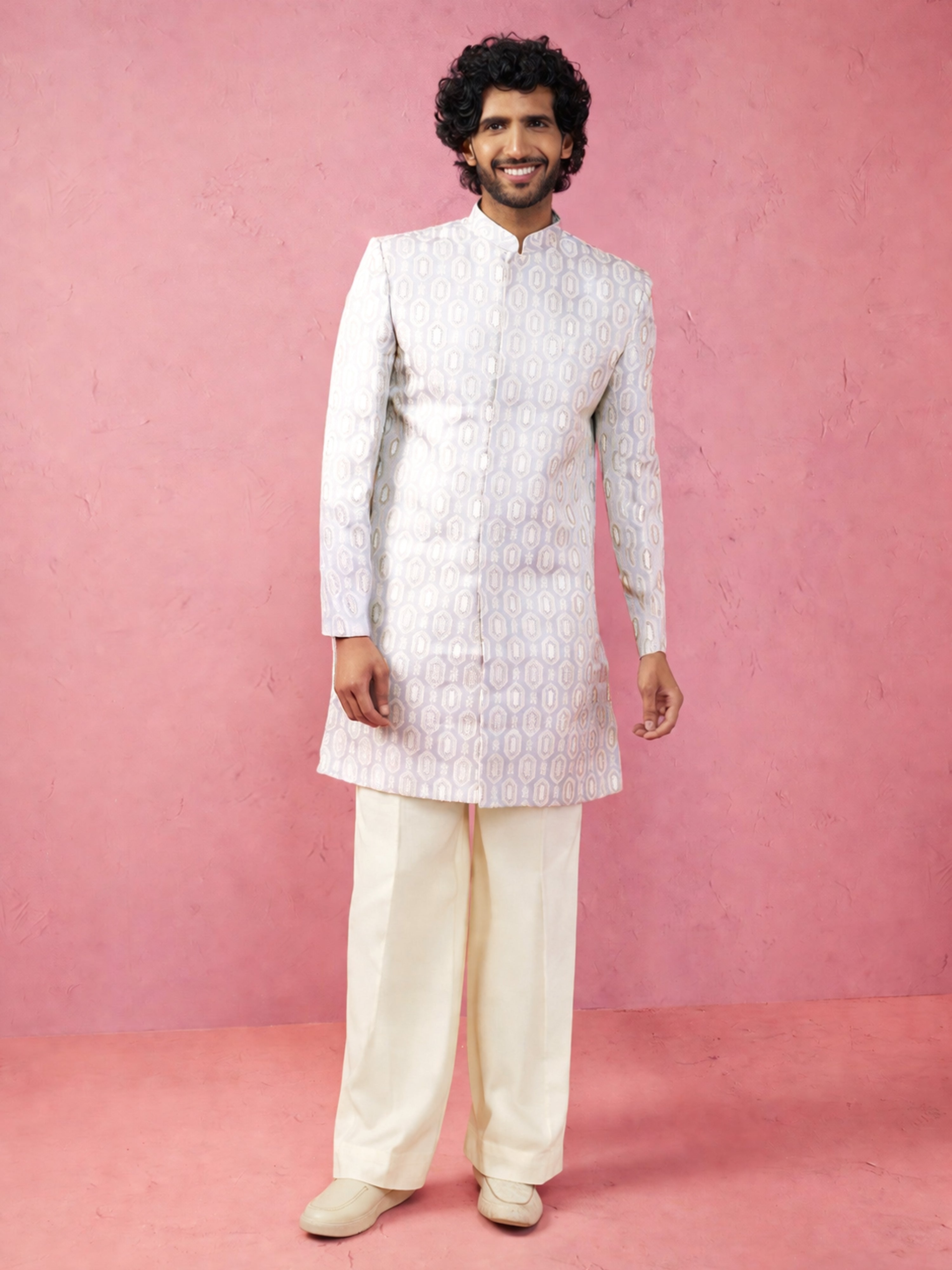 Off White Jacquard Indo Western Set with Wide Leg Pant