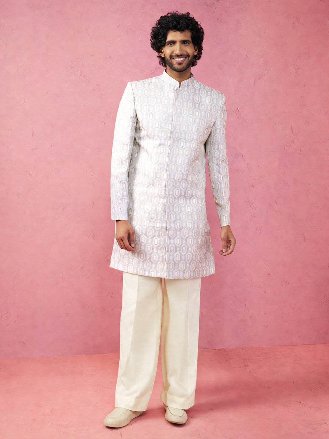 Off White Jacquard Indo Western Set with Wide Leg Pant