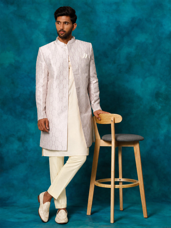 Men Purple Jacquard Silk Blend Indo-Western with Cream Kurta &amp; Pant Set