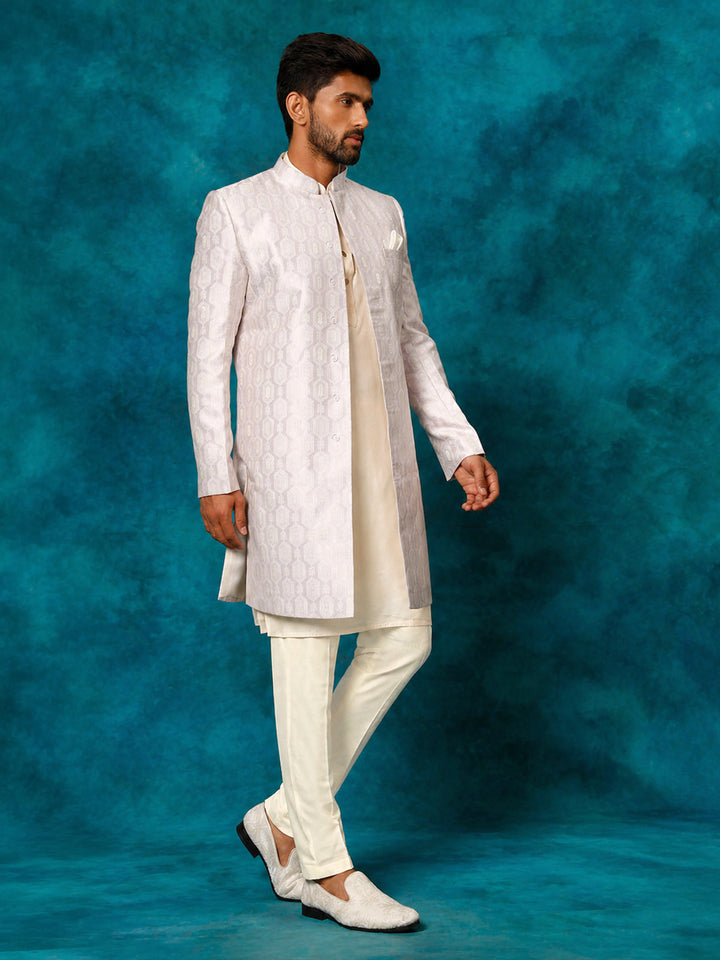 Men Purple Jacquard Silk Blend Indo-Western with Cream Kurta &amp; Pant Set