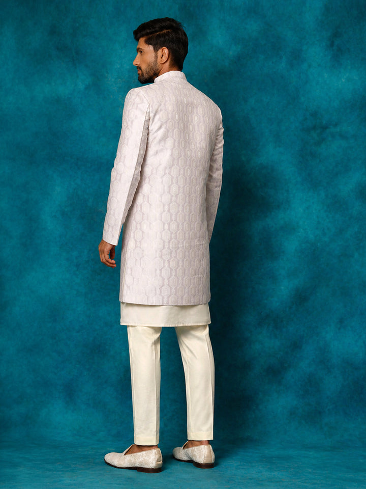 Men Purple Jacquard Silk Blend Indo-Western with Cream Kurta &amp; Pant Set
