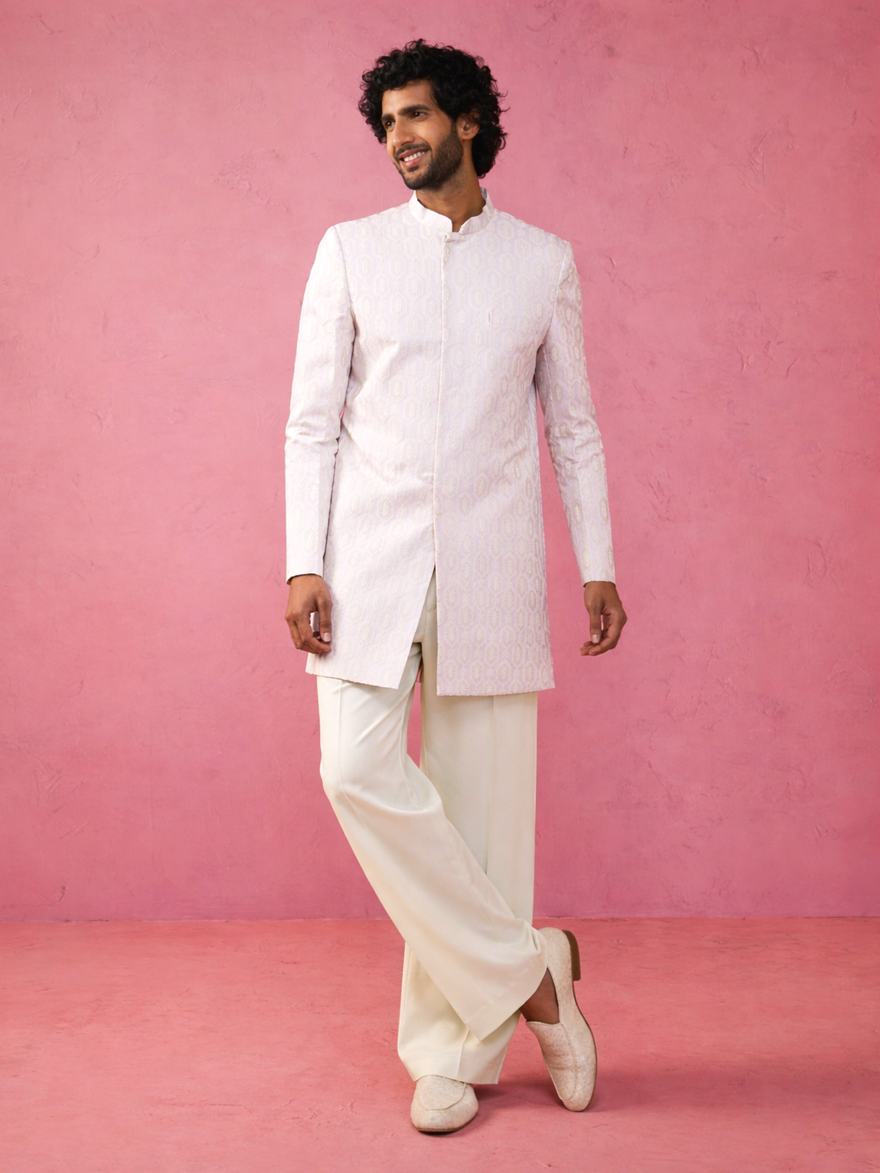Off White Silk Blend Jacquard Indo Western Set for Men