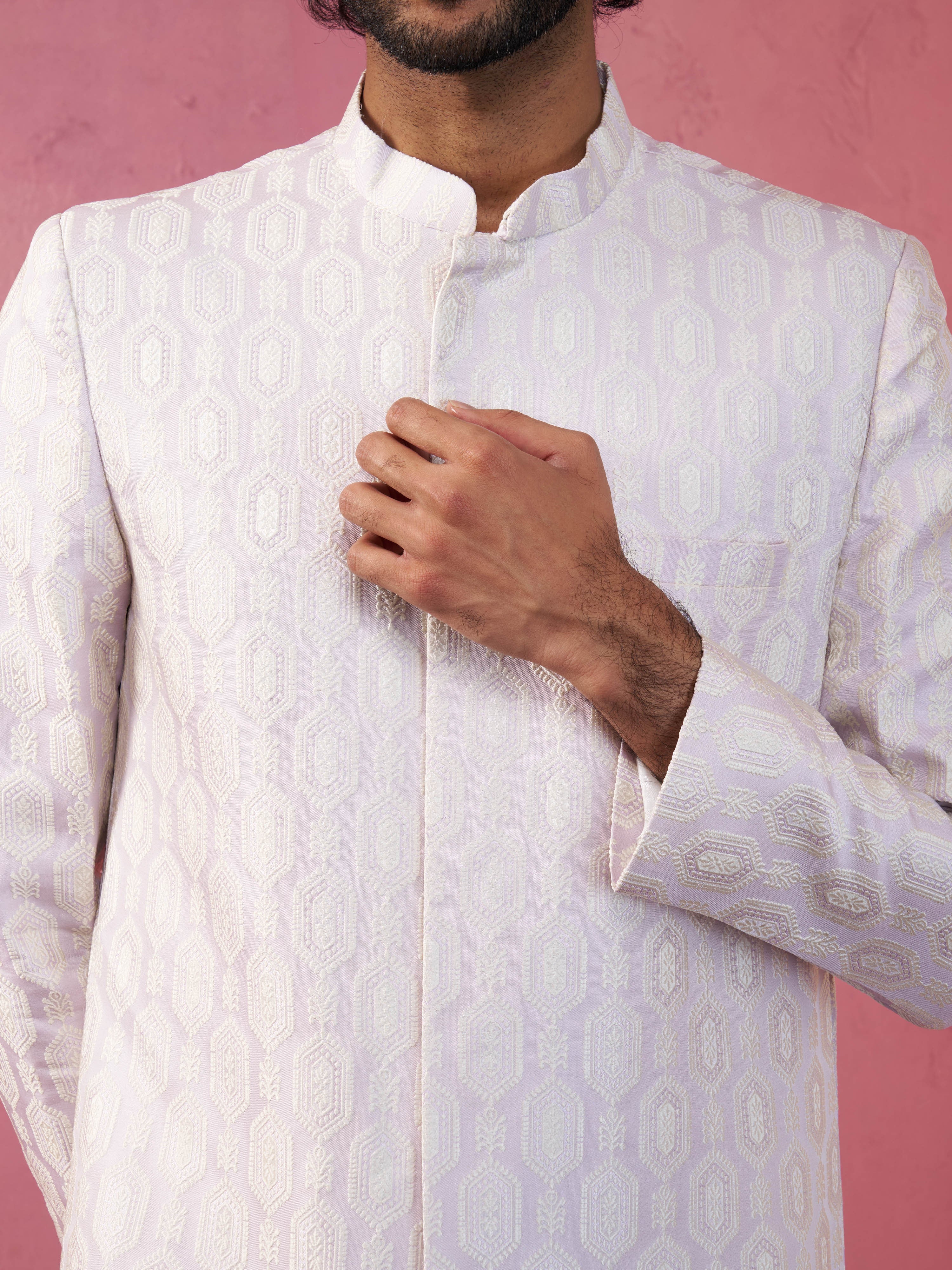 Men's Off-White Silk-Blend Ethnic Motiff Thigh Length Indo Western Set with Wide Leg Pant