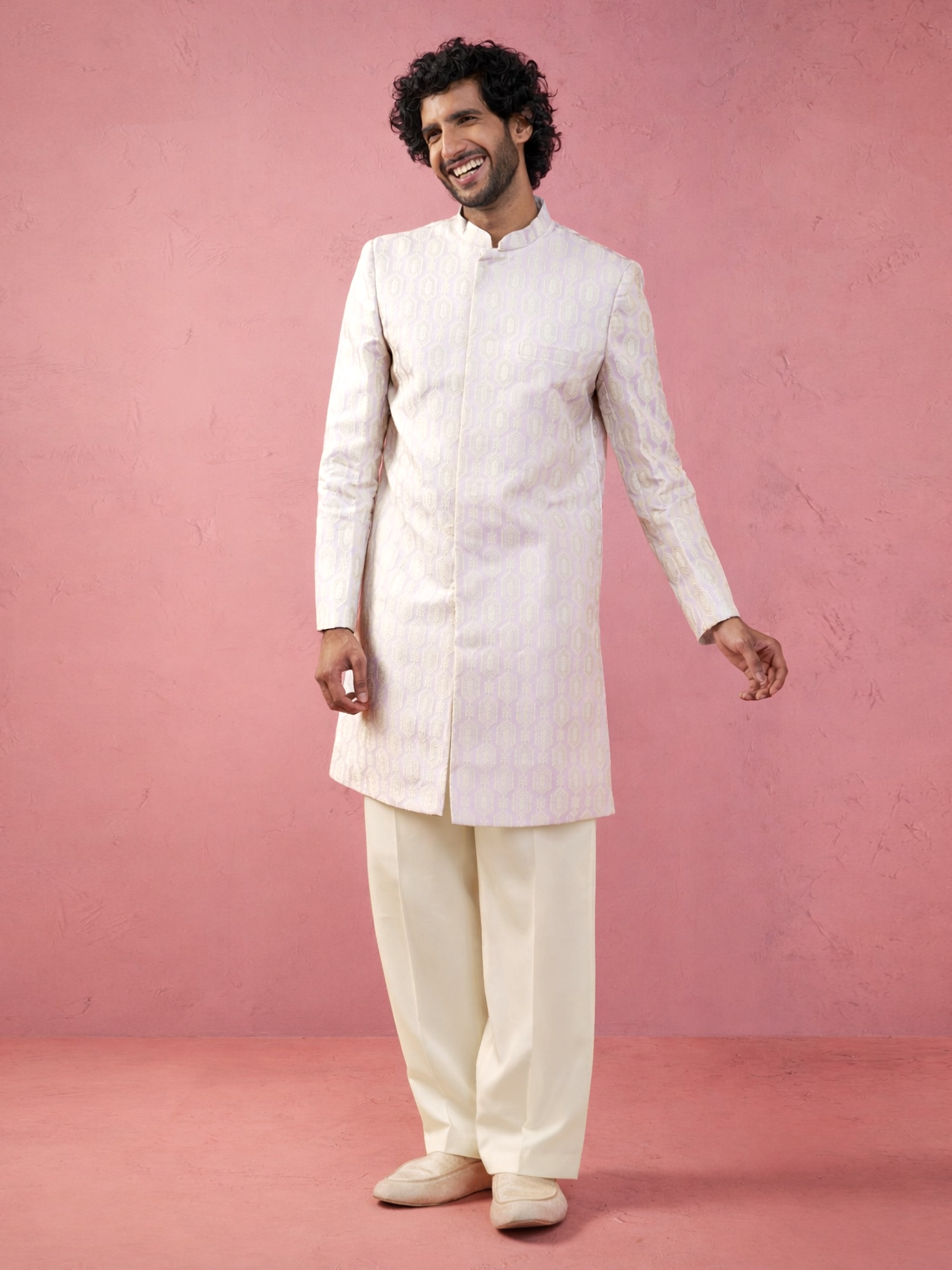 Men's Off-White Silk-Blend Ethnic Motiff Thigh Length Indo Western Set with Wide Leg Pant