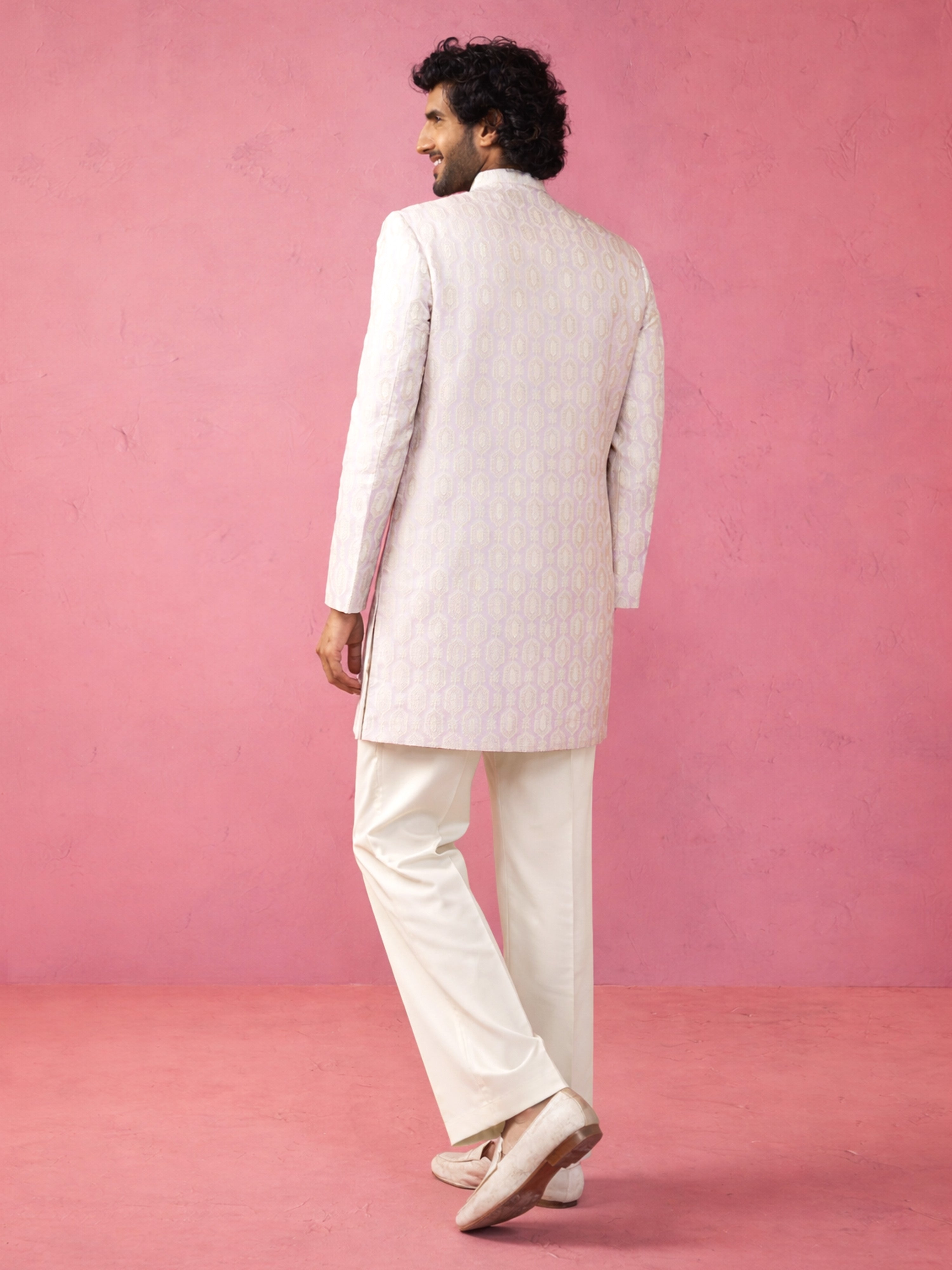 Men's Off-White Silk-Blend Ethnic Motiff Thigh Length Indo Western Set with Wide Leg Pant