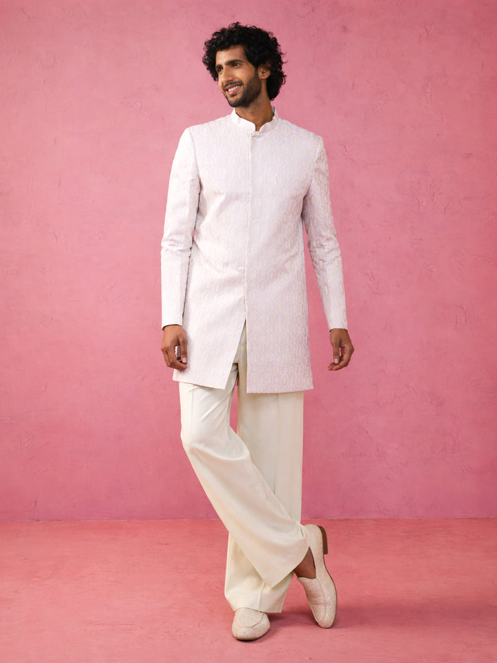 Cream Jacquard Self Design Indo Western Set with Pants