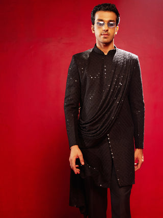 SHRESTHA By VASTRAMAY Men's Balck Sequined Embroidered Indo Only Top