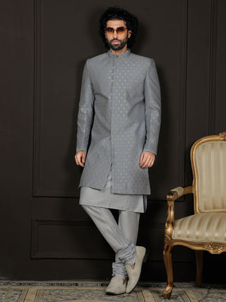 VASTRAMAY Men's Aqua And Powder Blue Viscose Sherwani Set