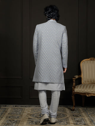 VASTRAMAY Men's Aqua And Powder Blue Viscose Sherwani Set