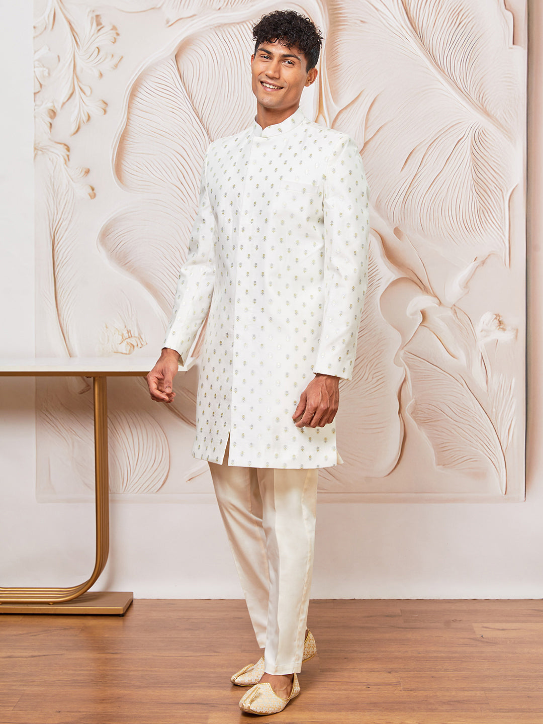 Men's White Cotton Blend Indowestern And Pant Set