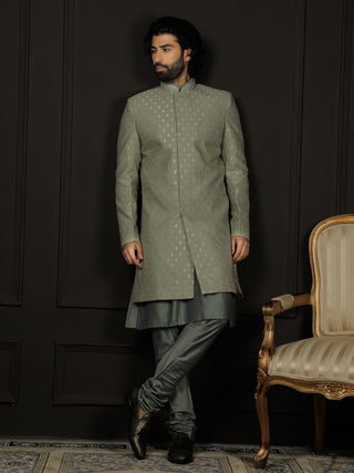 VASTRAMAY Men's Green And Olive Green Viscose Sherwani Set