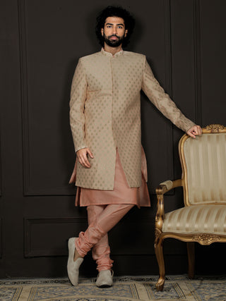 VASTRAMAY Men's Peach Viscose Sherwani Set