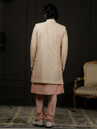 VASTRAMAY Men's Peach Viscose Sherwani Set