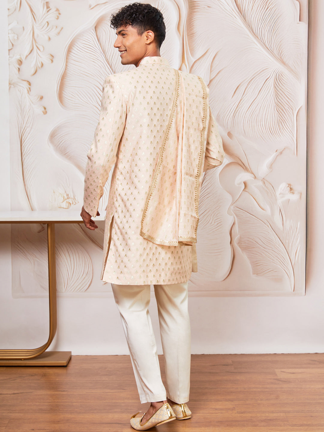 Men's Peach Cotton Blend Indowestern Pant And Dupatta Set