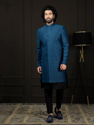 VASTRAMAY Men's Turquoise And Black Viscose Sherwani Set